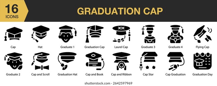 Graduation Cap solid icon set. Includes education, college, graduation, university, school, cap, and More. Solid icons vector collection.