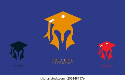 graduation cap and spartan helmet, great for education logo icons. vector concept flat abstract design.