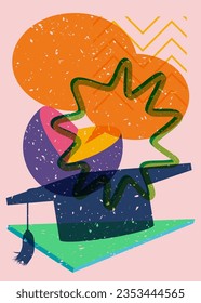 Graduation cap with Speech Bubble and colorful geometric shapes. Education concept in trendy riso graph design. Geometry elements abstract risograph print texture style.