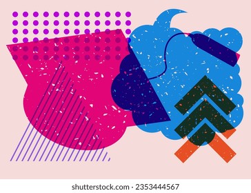 Graduationskappe mit Sprachblase und bunten geometrischen Formen. Bildungskonzept in trendigem Riso Graphdesign. Geometrische Elemente abstrakter Risograph-Druck-Stil Textur.