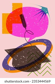 Graduation cap with Speech Bubble and colorful geometric shapes. Education concept in trendy riso graph design. Geometry elements abstract risograph print texture style.