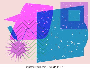 Graduation cap with Speech Bubble and colorful geometric shapes. Education concept in trendy riso graph design. Geometry elements abstract risograph print texture style.