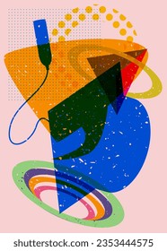 Graduation cap with Speech Bubble and colorful geometric shapes. Education concept in trendy riso graph design. Geometry elements abstract risograph print texture style.