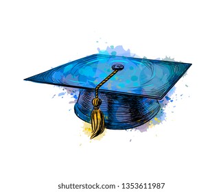 Graduation cap, square academic cap from a splash of watercolor, hand drawn sketch. Vector illustration of paints