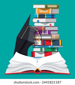 Graduation cap and stack of books. Academic and school knowledge, education and graduation. Reading, e-book, literature, encyclopedia. Vector illustration in flat style