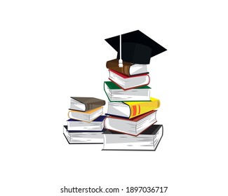 Graduation cap with stack of books on top. Education concept background. Back to school. Vector illustration in flat style isolated on white background.
