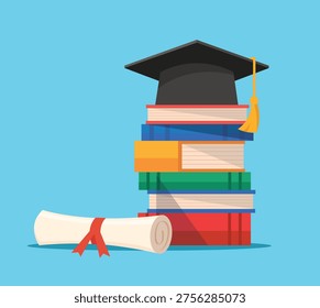 Graduation Cap with stack of books vector illustration