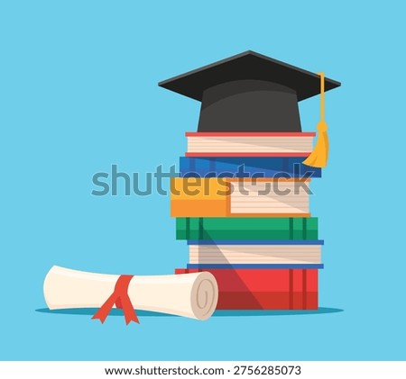 Graduation Cap with stack of books vector illustration