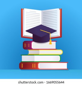 Graduation cap and stack of various books