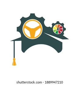 Graduation cap With steering wheel and Gear icon. Technical education logo.