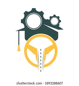 Graduation cap With steering wheel and Gear icon. Technical education logo.
