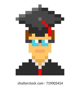 Graduation cap student avatar pixel art cartoon retro game style