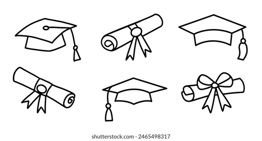 Graduation Cap, Student Hat, Diploma Scroll  Doodle Icons Collection Isolated on White. Education symbol Outline Design Elements Set. Graduate Ceremony Signs Vector Illustration