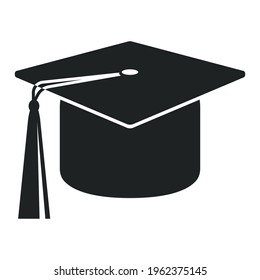 Graduation Cap, Student Graduation Cap Hat. Flat Vector Icon illustration. Simple black symbol on white background.