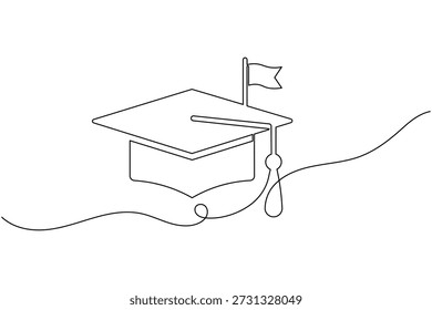 Boné de graduação e bandeira de sucesso desenho contínuo de uma linha para educação e sucesso ilustração vetor minimalista