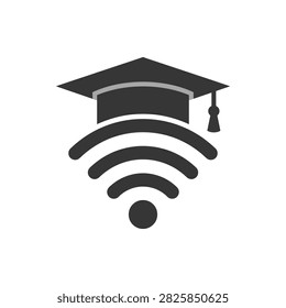 A graduation cap is superimposed on a wifi symbol, symbolizing online learning and digital education.