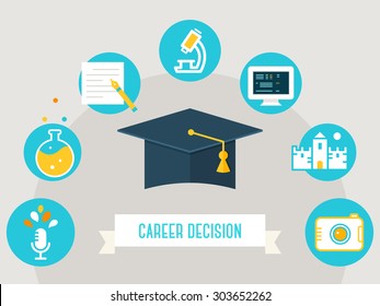 Graduation Cap Surrounded by Education Icons and Career Decision Sign. Choosing a course, occupation, job or profession illustration