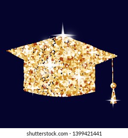 Graduation cap symbol concept illustration, gold college student icon made of golden glitter dust on dark blue background. EPS10 vector.