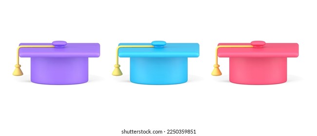 Graduation cap with tassel online education e learning set 3d icon realistic vector illustration. College school university studying knowledge wisdom academic degree colored badge design isolated
