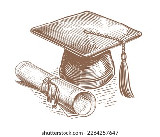 Graduation cap with tassel and rolled diploma. Mortarboard and Degree. Sketch vector illustration