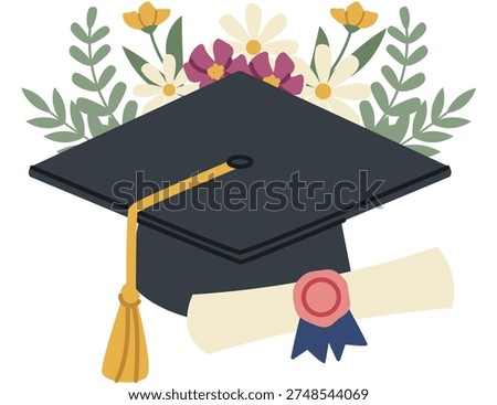 Graduation cap with tassel and rolled diploma set before blooming flowers and leaf sprig in flat style. Symbol of achievement, milestone, success. Cartoon vector illustration.