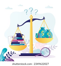 Graduation cap, textbooks and golden coins on scales. Education cost concept. Money spending on education, Investment in future. student loan, scholarship and college fees. flat vector Illustration