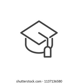 Graduation cap thin line icon. Students hat outline pictograph. Symbol of education, higher school, Academy, University. Knowledge and success concept graphic logo. Vector illustration isolated