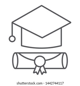 Graduation cap thin line icon, graduate and knowledge, academic hat sign, vector graphics, a linear pattern on a white background, eps 10.