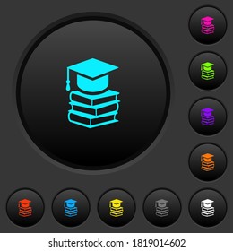 Graduation cap with three books dark push buttons with vivid color icons on dark grey background