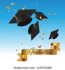 Graduation cap thrown up and golden foil confetti on a blue sky background. Students life concept