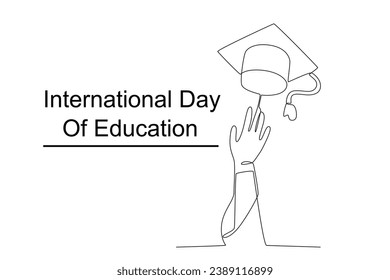 A graduation cap was thrown up. International day of education one-line drawing
