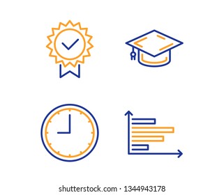 Graduation cap, Time and Certificate icons simple set. Horizontal chart sign. University, Office clock, Verified award. Presentation graph. Business set. Linear graduation cap icon. Vector