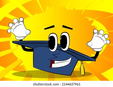 Graduation cap is trying to scare you. Education, learning concept with funny hat cartoon character.