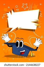 Graduation cap is trying to scare you. Education, learning concept with funny hat cartoon character.