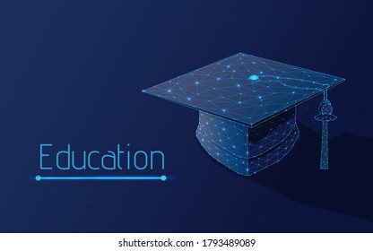 graduation cap of a university, school or institute graduation cap, online learning concept Polygonal abstract isolated on dark blue, plexsus, wireframe, vector illustration, dots, triangle, low poly