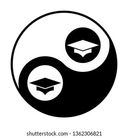 Graduation cap. Vector. Black and white icon inside circles of yin and yang symbol  at white background.
