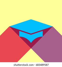 Graduation cap. Vector. Deep sky blue icon with two flat violet and raspberry semitransparent shadows on canary background.