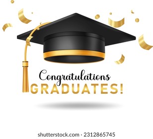 Graduation cap vector design. Graduation greeting with realistic mortar cap with golden tassel in confetti background. Vector illustration of cap graduates.