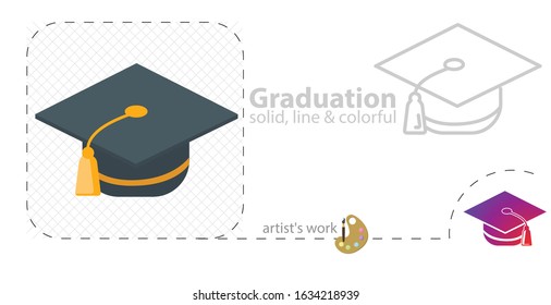 Graduation cap vector flat illustration, solid, line icon