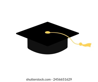 Graduation cap vector flat illustration. Square academic hat isolated on white background. Mortarboard with tassel. High school, college, academy graduate symbol