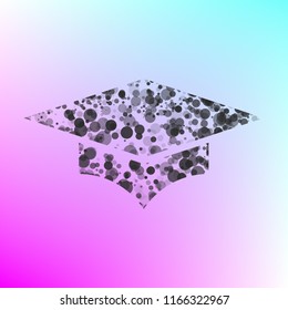 Graduation cap. Vector. Gray icon with bubbled texture at color background with pink and sky blue corners.