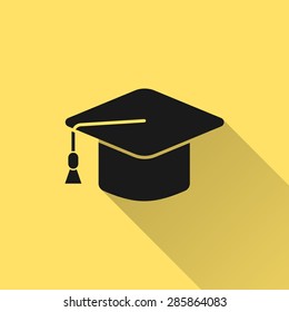 Graduation cap - vector icon in black on a yellow background.