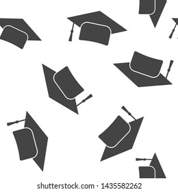  Graduation cap vector icon. Hight school symbol seamless pattern on a white background.