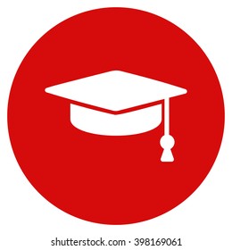 Graduation Cap vector icon. Image style is a flat light icon symbol on a round red button