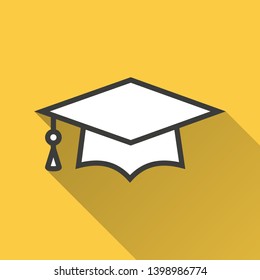 Graduation cap vector icon with long shadow. Simple illustration isolated on yellow background for graphic and web design.