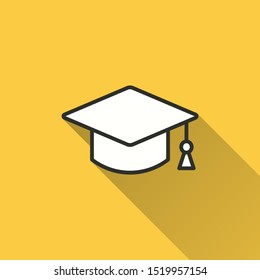 Graduation cap vector icon with long shadow. Simple illustration isolated on yellow background for graphic and web design.