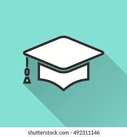 Graduation cap vector icon with long shadow. Illustration isolated on green background for graphic and web design.