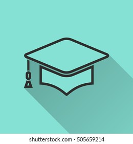 Graduation cap vector icon with long shadow. black illustration isolated on green background for graphic and web design.