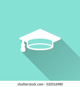 Graduation cap vector icon with long shadow. White illustration isolated on green background for graphic and web design.