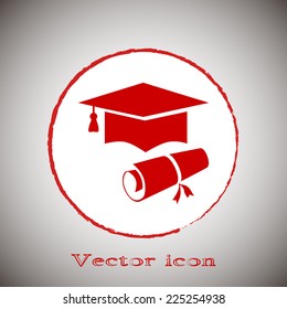 Graduation cap vector icon Red round button on a gray background